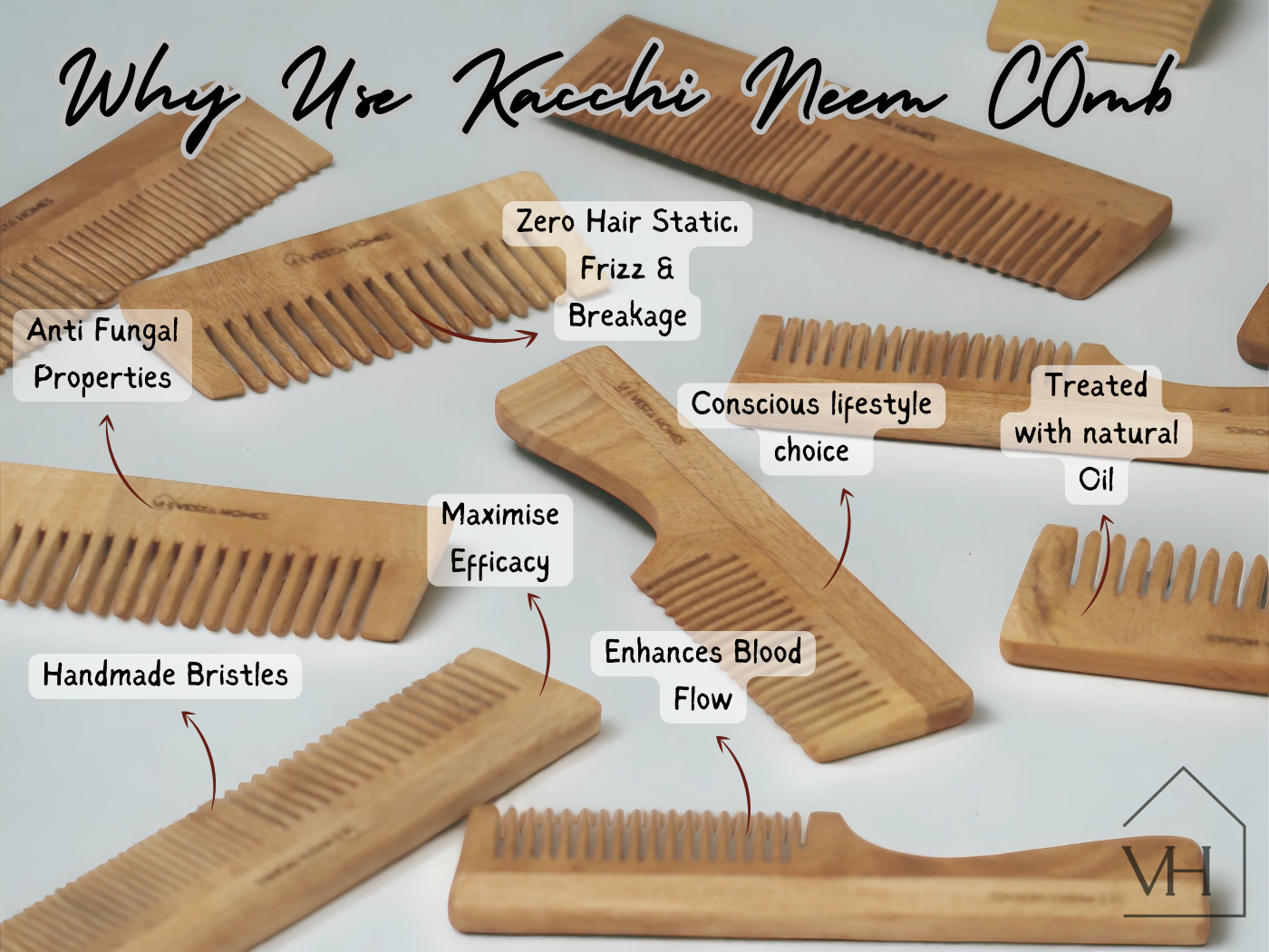 Veda Neem Wood Dual Tooth, Small Wide Tooth Comb | Set of 2
