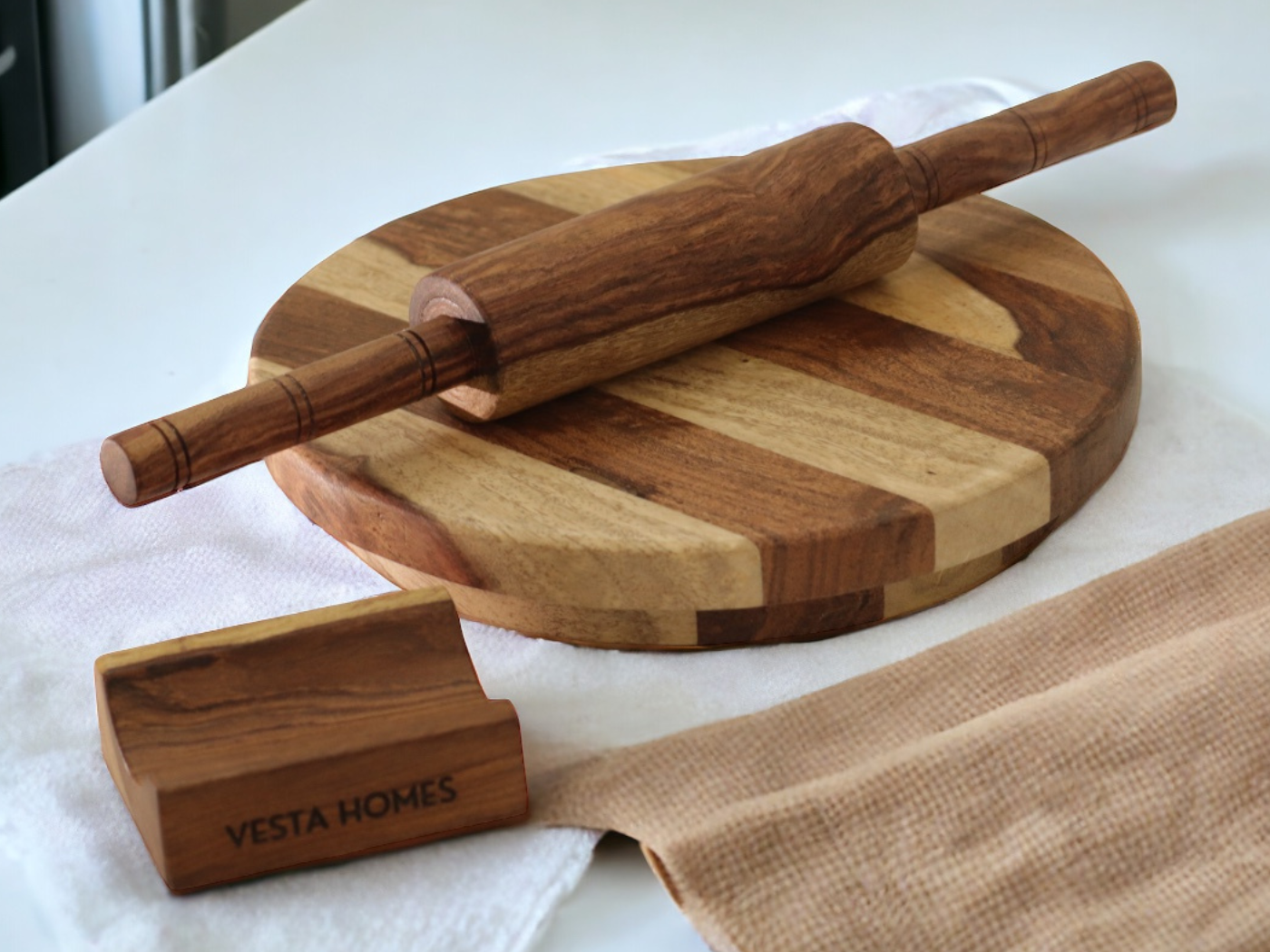 Cierra Wooden Chakla & Rolling Pin with Stand
